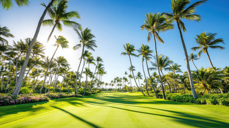 Wide angle of a tropical golf course fairway bordered by palm trees and flowering shrubs under clear blue skiesの素材