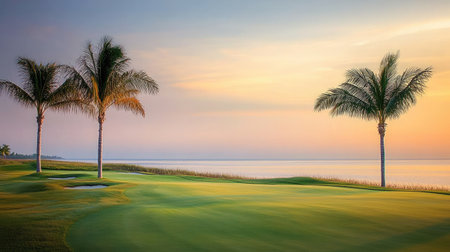Palm-lined fairway with a perfectly maintained putting green set against a backdrop of calm oceanの素材