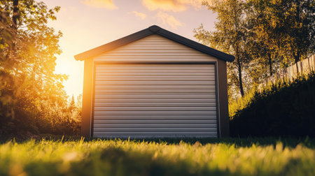 Vinyl garden storage sitting at the edge of a landscaped backyard with low sun and colorful skyの素材