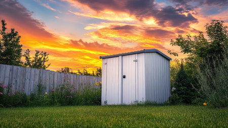 Outdoor garden storage with neat design sitting on green turf under dramatic golden sunsetの素材