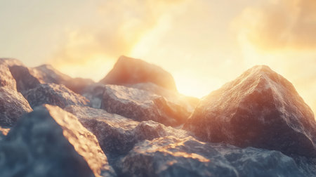 Camera stabilized on small rocks at sunrise with glowing peaks and soft light shadowsの素材