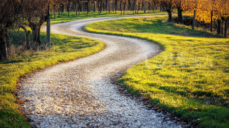 Gravel footpath stretching through a vineyard under golden evening lightの素材