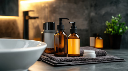 Assorted skin care items in amber and frosted bottles on a spa towel by a sinkの素材