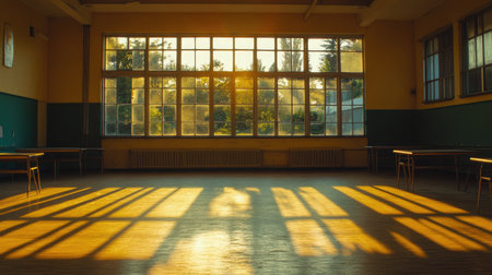 Empty classroom at sunset, casting golden shadows across the floor and desksの素材