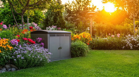 Metal garden storage box placed on tidy lawn with vibrant sunset and ornamental trees in backgroundの素材