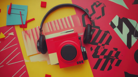 Abstract-themed desk layout with geometric decor, laptop, and headphones on a colored backgroundの素材