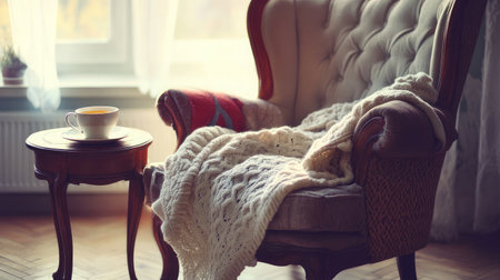 A plush armchair with a folded blanket and a warm cup of tea resting beside it on a small wooden tableの素材