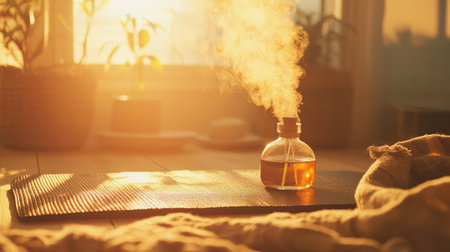 Afternoon sunlight warming a room with an unoccupied yoga mat, blanket, and aromatherapy diffuserの素材