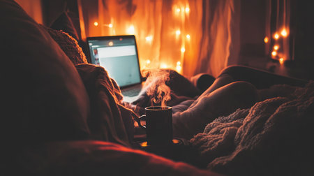 Bean bag in a cozy corner with fairy lights, a steaming drink, and a blanket folded neatly nearbyの素材
