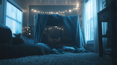 Blanket fort setup in a living room with string lights, soft pillows, and cozy blanketsの素材