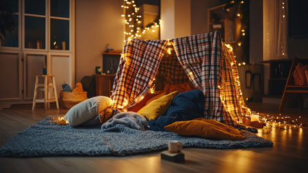 Blanket fort setup in a living room with string lights, soft pillows, and cozy blanketsの素材