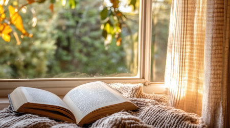 Cozy reading nook with a blanket, open book, and soft lighting near a window with gentle sunlight streaming inの素材