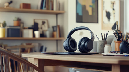 Creative workspace setup with laptop, over-ear headphones, and digital stylus on the deskの素材