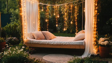 Floating bed setup outdoors under string lights and soft drapes in a quiet gardenの素材