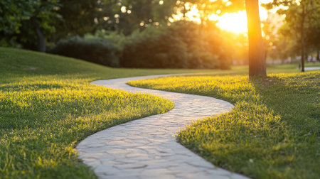 Freshly walked path with bent grass and shoe impressions winding along a quiet roadの素材