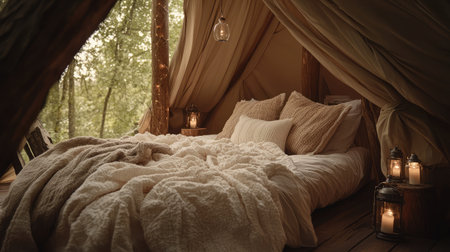 Glamping tent with plush bedding and lanterns softly glowing inside a forest retreatの素材