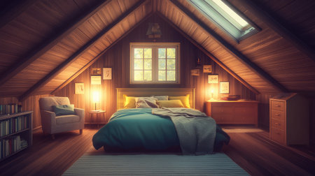 Bedroom with a reading chair, cozy textiles, and ambient lighting for restful moodの素材