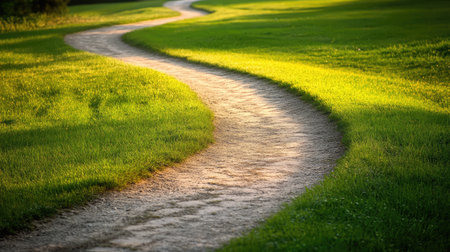 Freshly walked path with bent grass and shoe impressions winding along a quiet roadの素材