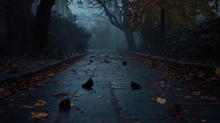Distant shot of a foggy path lined with fresh footprints and disturbances in fallen leavesの素材