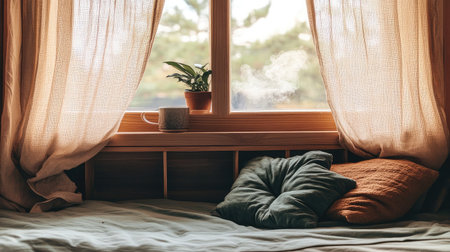 Cushioned window seat with sheer curtains, a steaming mug of cocoa, and soft cushions in a quiet home cornerの素材