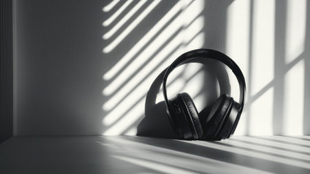 High contrast desk image featuring dark laptop and headphones on a white surface with soft shadowsの素材