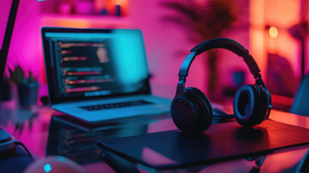 Laptop and wireless headphones on a glass-top desk with ambient background lighting and calm vibeの素材