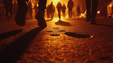 Multiple sets of footprints and shadows on an urban road suggesting a group of people recently passed throughの素材