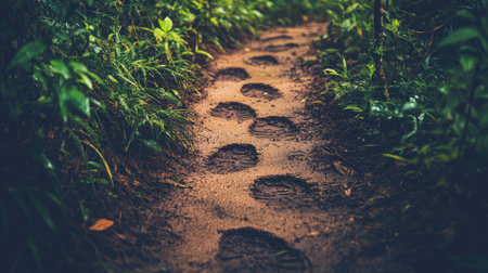 Meandering trail through a dense forest with multiple footprints in the mudの素材