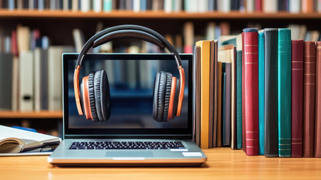 Laptop and headphones placed beside a stack of books on a tidy desk setup for productivityの素材
