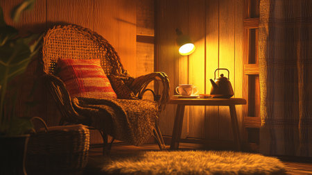 Lounge corner with a sheepskin rug, reading lamp, and tea kettle beside a cushion chairの素材