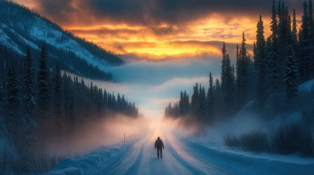 Isolated road with deep impressions in fresh snow leading into a foggy horizonの素材