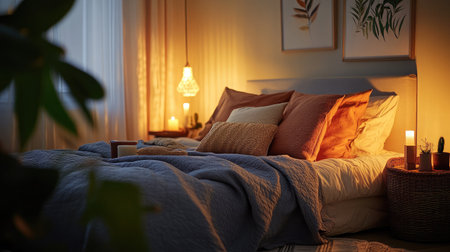 Neatly made bed with fluffy pillows, a soft comforter, and warm ambient lighting in a peaceful bedroomの素材