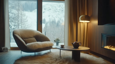 Lounge corner with a sheepskin rug, reading lamp, and tea kettle beside a cushion chairの素材