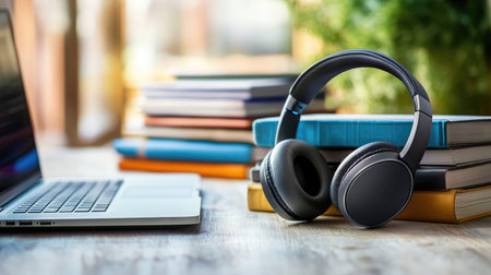 Laptop and headphones placed beside a stack of books on a tidy desk setup for productivityの素材