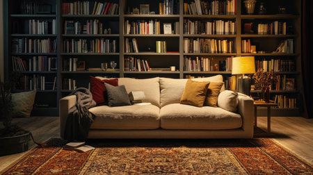 Nestled nook with a low couch, shelves filled with books, and a warm-toned rug on the floorの素材