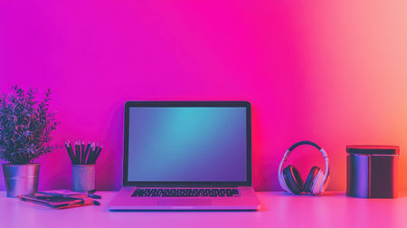 Organized tech desk with focus on laptop and folded headphones against a gradient wallの素材