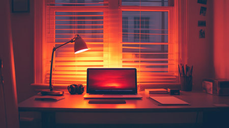 Mood-lit room showing desk with laptop glowing and headphones lying beside a small notebookの素材