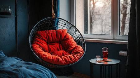 Hammock chair hanging indoors by a window, with cushions and a small side table for drinksの素材