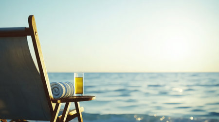 Outdoor deck chair facing the ocean, with a rolled towel and a cool drink on a side tableの素材