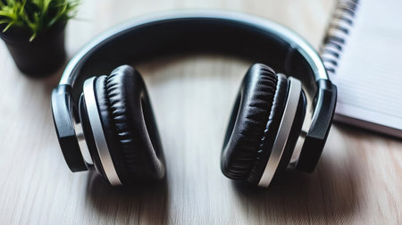 Minimalist desk with a sleek laptop and over-ear headphones placed beside a potted plant and notebookの素材