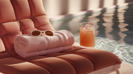 Lounge setup by a pool with towels, sunglasses, and a drink ready for a relaxed afternoonの素材