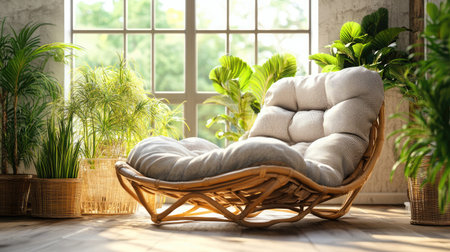 Peaceful sunroom with a cushioned lounger, potted plants, and sunlight illuminating soft texturesの素材