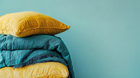 Stack of plush pillows and a weighted blanket on a calm pastel background, suggesting deep relaxationの素材