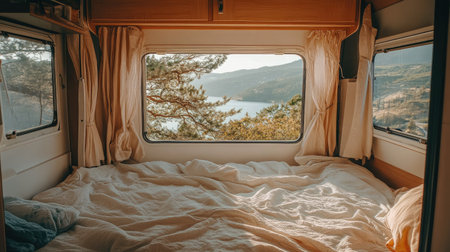 Travel camper interior with a cozy bed, soft linens, and open window showing serene viewの素材