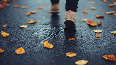 Wide asphalt road with scattered leaves and shoe prints, hinting at a group walk just moments agoの素材