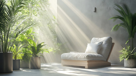 Peaceful sunroom with a cushioned lounger, potted plants, and sunlight illuminating soft texturesの素材
