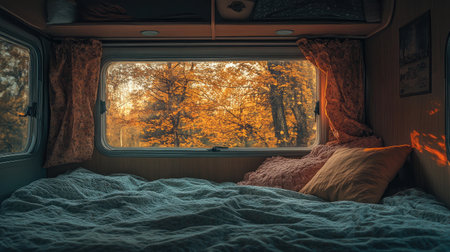 Travel camper interior with a cozy bed, soft linens, and open window showing serene viewの素材