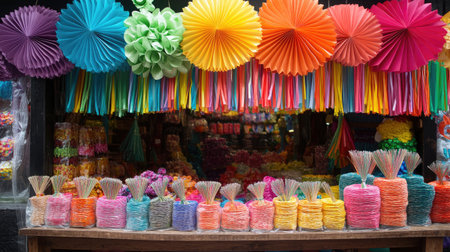 An array of colorful paper fans and streamers decorating a summer market boothの素材