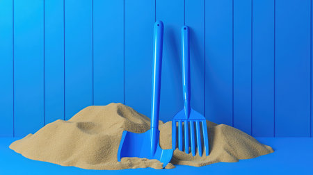 Blue plastic spade and rake left beside a freshly dug mound of beach sand, isolated from any people or backgroundの素材