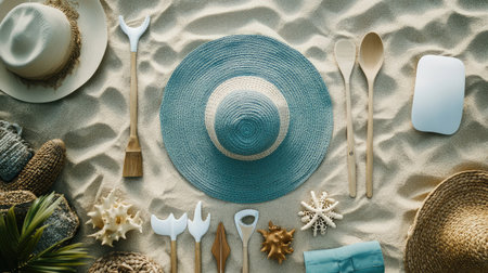 A set of beach tools placed symmetrically on textured sand, ideal for catalog or ecommerce displayの素材